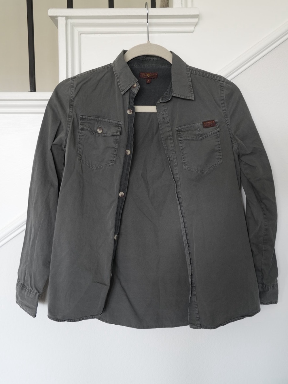 7 For All Mankind Green Button Up Shirt Boys Kids Large Utility Military Style